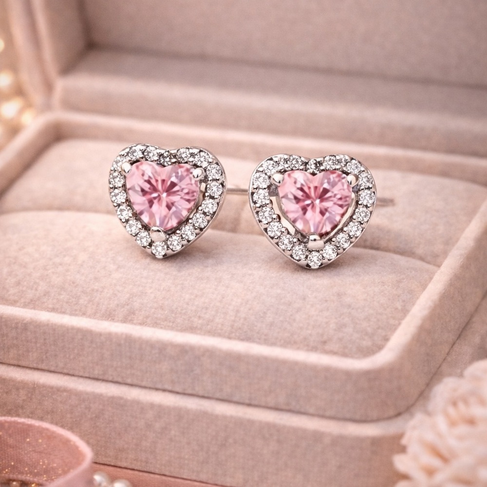 NEW Heart-Shaped Pink and Silver Stud Earrings